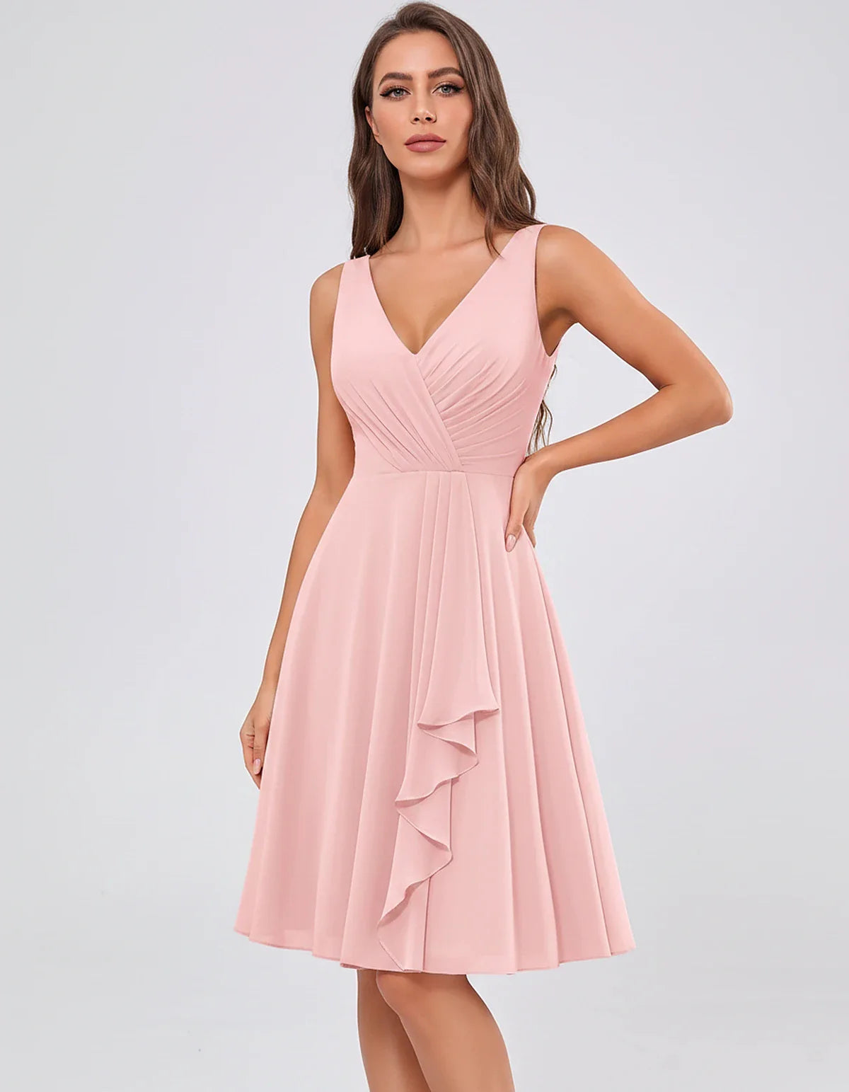 Chiffon Sleeveless V-Neck Pleated Ruffle A-Line Mini Dress for Party Cocktail Evening Summer Wedding Guest Bridesmaid Style, | SKU: MD-482917563204857-BLUSH-L,MD-482917563204857-BLUSH-M,MD-482917563204857-BLUSH-S,MD-482917563204857-BLUSH-XL,MD-482917563204857-BLUSH-XS