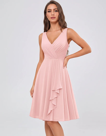 Chiffon Sleeveless V-Neck Pleated Ruffle A-Line Mini Dress for Party Cocktail Evening Summer Wedding Guest Bridesmaid Style, | SKU: MD-482917563204857-BLUSH-L,MD-482917563204857-BLUSH-M,MD-482917563204857-BLUSH-S,MD-482917563204857-BLUSH-XL,MD-482917563204857-BLUSH-XS