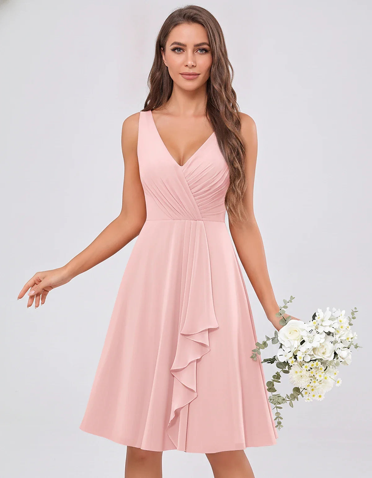 Chiffon Sleeveless V-Neck Pleated Ruffle A-Line Mini Dress for Party Cocktail Evening Summer Wedding Guest Bridesmaid Style, | SKU: MD-482917563204857-BLUSH-L,MD-482917563204857-BLUSH-M,MD-482917563204857-BLUSH-S,MD-482917563204857-BLUSH-XL,MD-482917563204857-BLUSH-XS