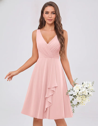 Chiffon Sleeveless V-Neck Pleated Ruffle A-Line Mini Dress for Party Cocktail Evening Summer Wedding Guest Bridesmaid Style, | SKU: MD-482917563204857-BLUSH-L,MD-482917563204857-BLUSH-M,MD-482917563204857-BLUSH-S,MD-482917563204857-BLUSH-XL,MD-482917563204857-BLUSH-XS