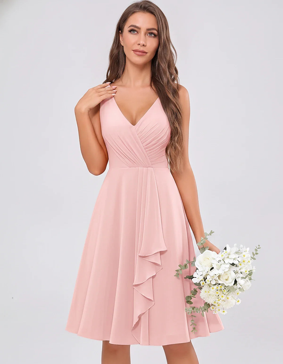 Chiffon Sleeveless V-Neck Pleated Ruffle A-Line Mini Dress for Party Cocktail Evening Summer Wedding Guest Bridesmaid Style, | SKU: MD-482917563204857-BLUSH-L,MD-482917563204857-BLUSH-M,MD-482917563204857-BLUSH-S,MD-482917563204857-BLUSH-XL,MD-482917563204857-BLUSH-XS