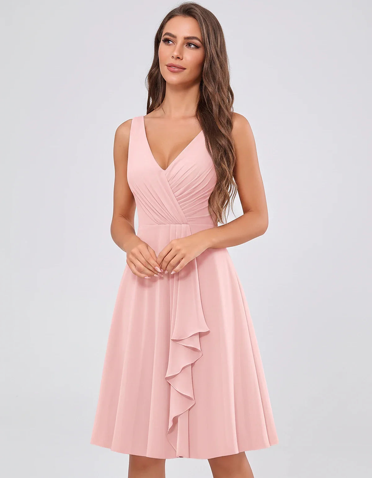 Chiffon Sleeveless V-Neck Pleated Ruffle A-Line Mini Dress for Party Cocktail Evening Summer Wedding Guest Bridesmaid Style, | SKU: MD-482917563204857-BLUSH-L,MD-482917563204857-BLUSH-M,MD-482917563204857-BLUSH-S,MD-482917563204857-BLUSH-XL,MD-482917563204857-BLUSH-XS