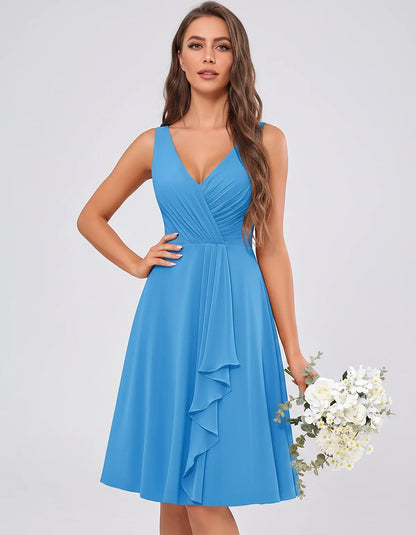Chiffon Sleeveless V-Neck Pleated Ruffle A-Line Mini Dress for Party Cocktail Evening Summer Wedding Guest Bridesmaid Style, | SKU: MD-482917563204857-BLUE-L,MD-482917563204857-BLUE-M,MD-482917563204857-BLUE-S,MD-482917563204857-BLUE-XL,MD-482917563204857-BLUE-XS