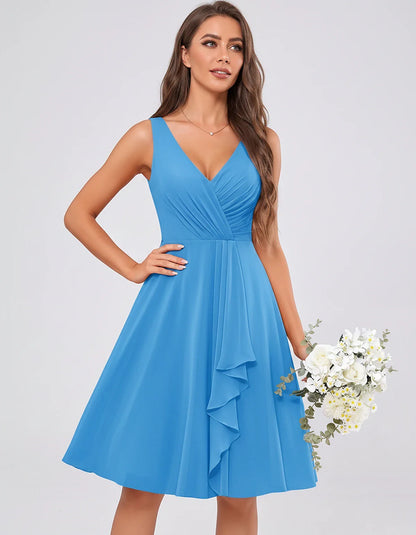 Chiffon Sleeveless V-Neck Pleated Ruffle A-Line Mini Dress for Party Cocktail Evening Summer Wedding Guest Bridesmaid Style, | SKU: MD-482917563204857-BLUE-L,MD-482917563204857-BLUE-M,MD-482917563204857-BLUE-S,MD-482917563204857-BLUE-XL,MD-482917563204857-BLUE-XS