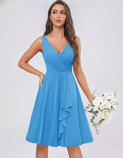 Chiffon Sleeveless V-Neck Pleated Ruffle A-Line Mini Dress for Party Cocktail Evening Summer Wedding Guest Bridesmaid Style, | SKU: MD-482917563204857-BLUE-L,MD-482917563204857-BLUE-M,MD-482917563204857-BLUE-S,MD-482917563204857-BLUE-XL,MD-482917563204857-BLUE-XS