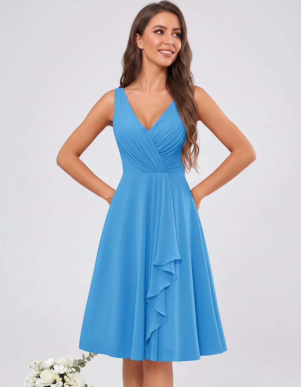 Chiffon Sleeveless V-Neck Pleated Ruffle A-Line Mini Dress for Party Cocktail Evening Summer Wedding Guest Bridesmaid Style, | SKU: MD-482917563204857-BLUE-L,MD-482917563204857-BLUE-M,MD-482917563204857-BLUE-S,MD-482917563204857-BLUE-XL,MD-482917563204857-BLUE-XS