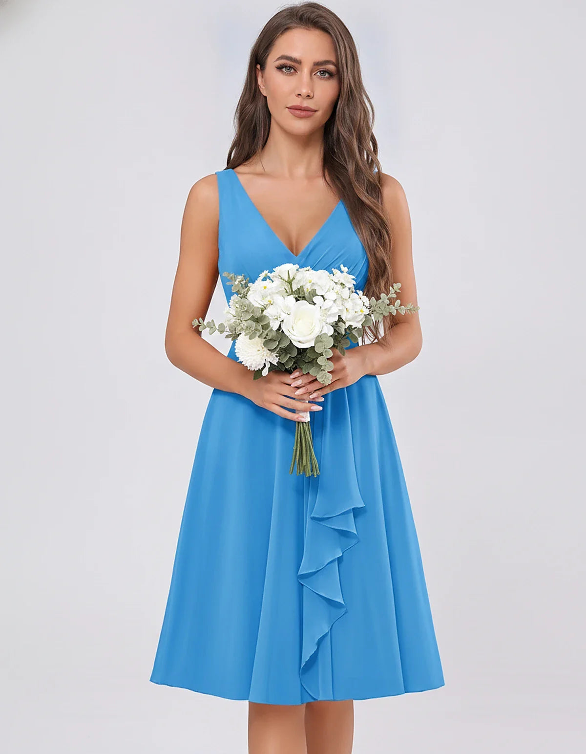 Chiffon Sleeveless V-Neck Pleated Ruffle A-Line Mini Dress for Party Cocktail Evening Summer Wedding Guest Bridesmaid Style, | SKU: MD-482917563204857-BLUE-L,MD-482917563204857-BLUE-M,MD-482917563204857-BLUE-S,MD-482917563204857-BLUE-XL,MD-482917563204857-BLUE-XS