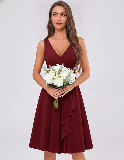 Chiffon Sleeveless V-Neck Pleated Ruffle A-Line Mini Dress for Party Cocktail Evening Summer Wedding Guest Bridesmaid Style, | SKU: MD-482917563204857-BURGUNDY-L,MD-482917563204857-BURGUNDY-M,MD-482917563204857-BURGUNDY-S,MD-482917563204857-BURGUNDY-XL,MD-482917563204857-BURGUNDY-XS