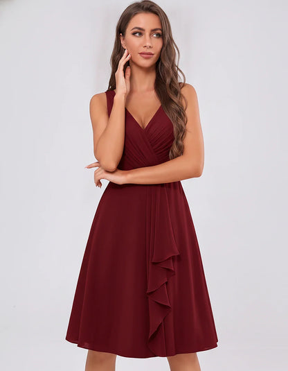 Chiffon Sleeveless V-Neck Pleated Ruffle A-Line Mini Dress for Party Cocktail Evening Summer Wedding Guest Bridesmaid Style, | SKU: MD-482917563204857-BURGUNDY-L,MD-482917563204857-BURGUNDY-M,MD-482917563204857-BURGUNDY-S,MD-482917563204857-BURGUNDY-XL,MD-482917563204857-BURGUNDY-XS