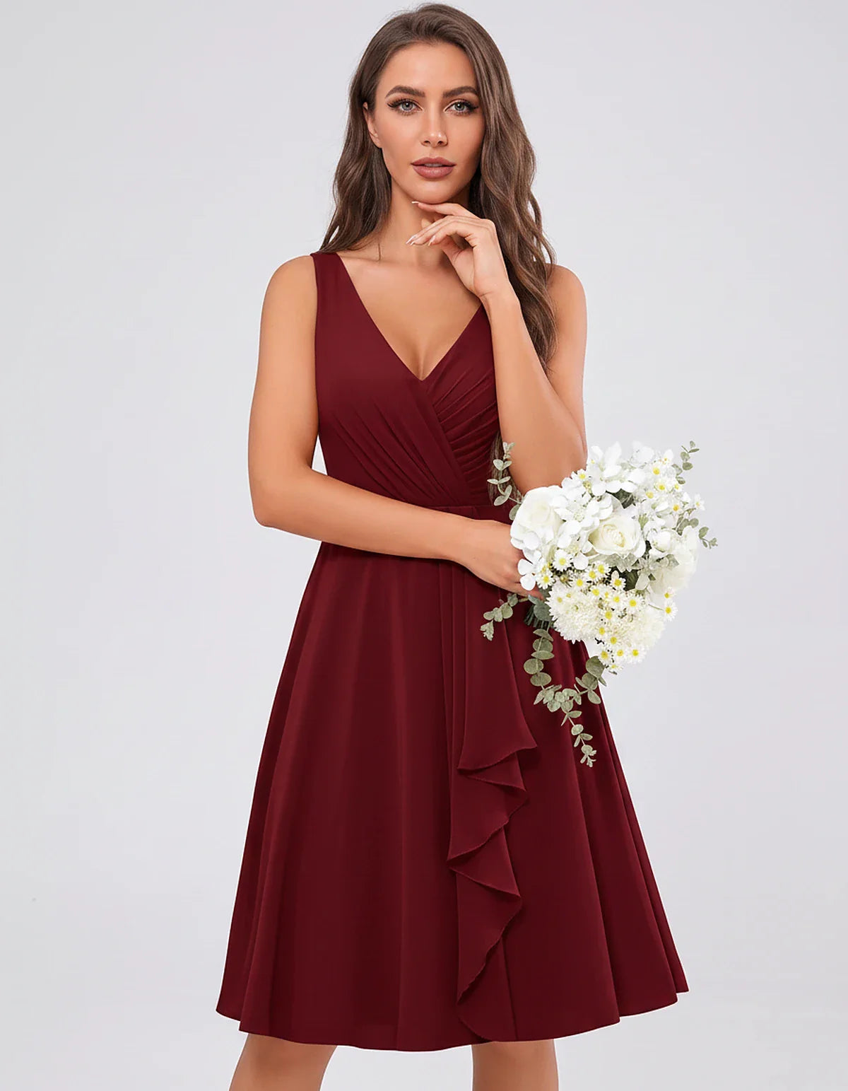 Chiffon Sleeveless V-Neck Pleated Ruffle A-Line Mini Dress for Party Cocktail Evening Summer Wedding Guest Bridesmaid Style, | SKU: MD-482917563204857-BURGUNDY-L,MD-482917563204857-BURGUNDY-M,MD-482917563204857-BURGUNDY-S,MD-482917563204857-BURGUNDY-XL,MD-482917563204857-BURGUNDY-XS
