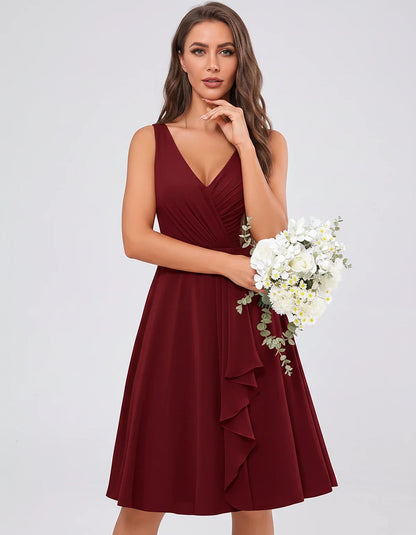 Chiffon Sleeveless V-Neck Pleated Ruffle A-Line Mini Dress for Party Cocktail Evening Summer Wedding Guest Bridesmaid Style, | SKU: MD-482917563204857-BURGUNDY-L,MD-482917563204857-BURGUNDY-M,MD-482917563204857-BURGUNDY-S,MD-482917563204857-BURGUNDY-XL,MD-482917563204857-BURGUNDY-XS
