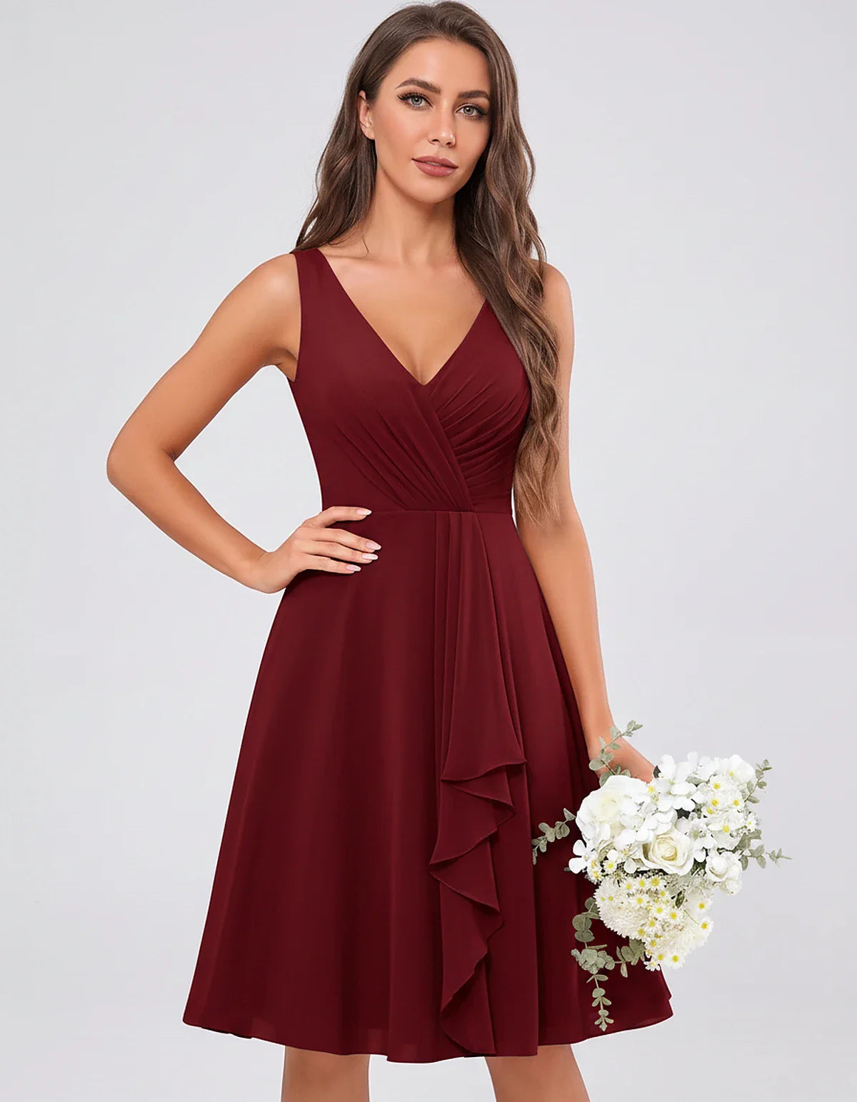 Chiffon Sleeveless V-Neck Pleated Ruffle A-Line Mini Dress for Party Cocktail Evening Summer Wedding Guest Bridesmaid Style, | SKU: MD-482917563204857-BURGUNDY-L,MD-482917563204857-BURGUNDY-M,MD-482917563204857-BURGUNDY-S,MD-482917563204857-BURGUNDY-XL,MD-482917563204857-BURGUNDY-XS