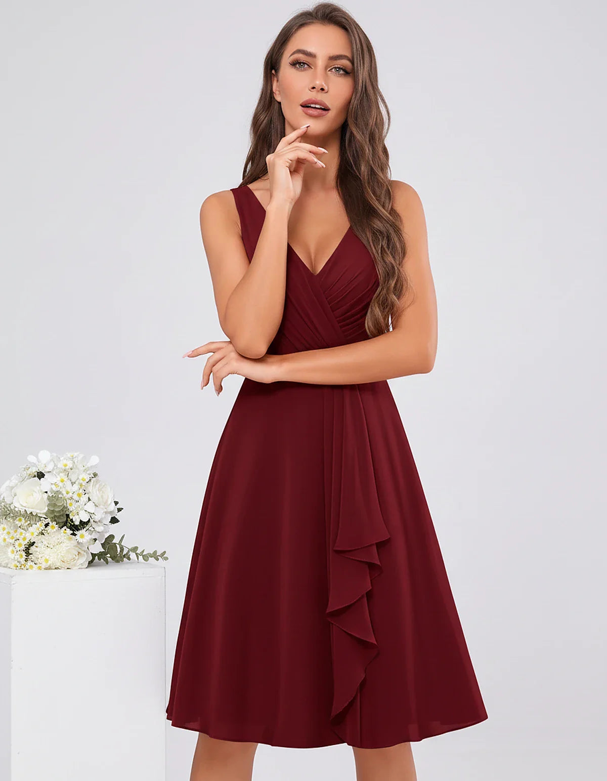 Chiffon Sleeveless V-Neck Pleated Ruffle A-Line Mini Dress for Party Cocktail Evening Summer Wedding Guest Bridesmaid Style, | SKU: MD-482917563204857-BURGUNDY-L,MD-482917563204857-BURGUNDY-M,MD-482917563204857-BURGUNDY-S,MD-482917563204857-BURGUNDY-XL,MD-482917563204857-BURGUNDY-XS