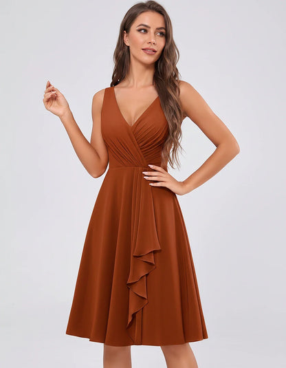 Chiffon Sleeveless V-Neck Pleated Ruffle A-Line Mini Dress for Party Cocktail Evening Summer Wedding Guest Bridesmaid Style, | SKU: MD-482917563204857-BURNTORANGE-L,MD-482917563204857-BURNTORANGE-M,MD-482917563204857-BURNTORANGE-S,MD-482917563204857-BURNTORANGE-XL,MD-482917563204857-BURNTORANGE-XS