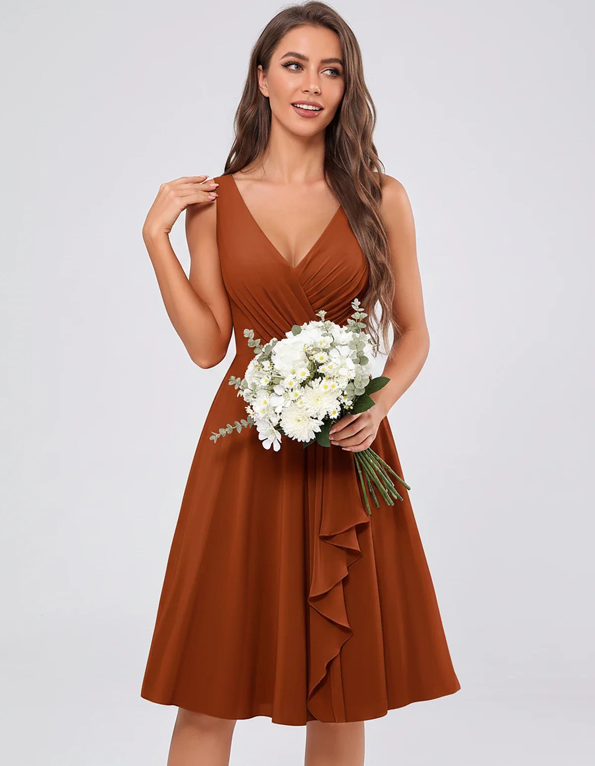 Chiffon Sleeveless V-Neck Pleated Ruffle A-Line Mini Dress for Party Cocktail Evening Summer Wedding Guest Bridesmaid Style, | SKU: MD-482917563204857-BURNTORANGE-L,MD-482917563204857-BURNTORANGE-M,MD-482917563204857-BURNTORANGE-S,MD-482917563204857-BURNTORANGE-XL,MD-482917563204857-BURNTORANGE-XS
