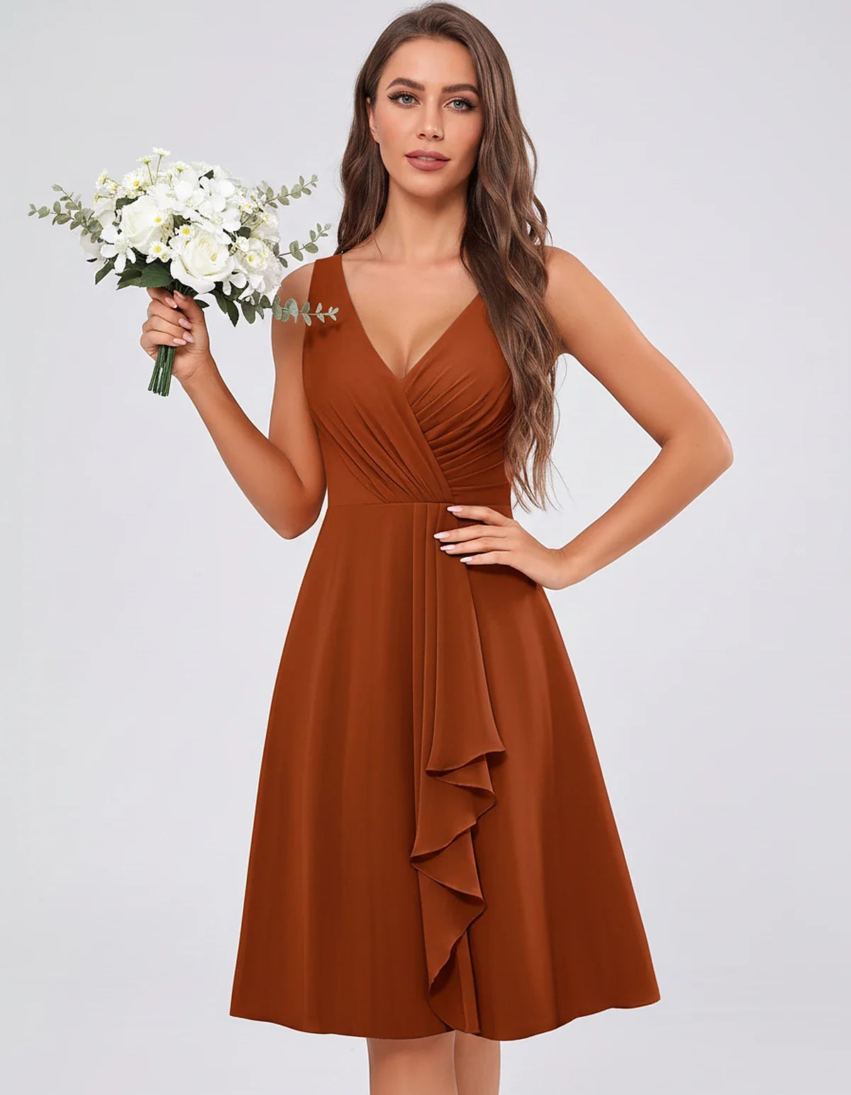 Chiffon Sleeveless V-Neck Pleated Ruffle A-Line Mini Dress for Party Cocktail Evening Summer Wedding Guest Bridesmaid Style, | SKU: MD-482917563204857-BURNTORANGE-L,MD-482917563204857-BURNTORANGE-M,MD-482917563204857-BURNTORANGE-S,MD-482917563204857-BURNTORANGE-XL,MD-482917563204857-BURNTORANGE-XS