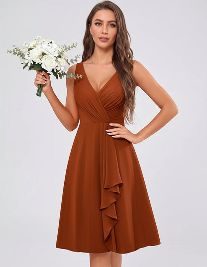 Chiffon Sleeveless V-Neck Pleated Ruffle A-Line Mini Dress for Party Cocktail Evening Summer Wedding Guest Bridesmaid Style, | SKU: MD-482917563204857-BURNTORANGE-L,MD-482917563204857-BURNTORANGE-M,MD-482917563204857-BURNTORANGE-S,MD-482917563204857-BURNTORANGE-XL,MD-482917563204857-BURNTORANGE-XS