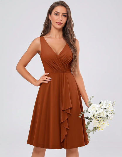 Chiffon Sleeveless V-Neck Pleated Ruffle A-Line Mini Dress for Party Cocktail Evening Summer Wedding Guest Bridesmaid Style, | SKU: MD-482917563204857-BURNTORANGE-L,MD-482917563204857-BURNTORANGE-M,MD-482917563204857-BURNTORANGE-S,MD-482917563204857-BURNTORANGE-XL,MD-482917563204857-BURNTORANGE-XS