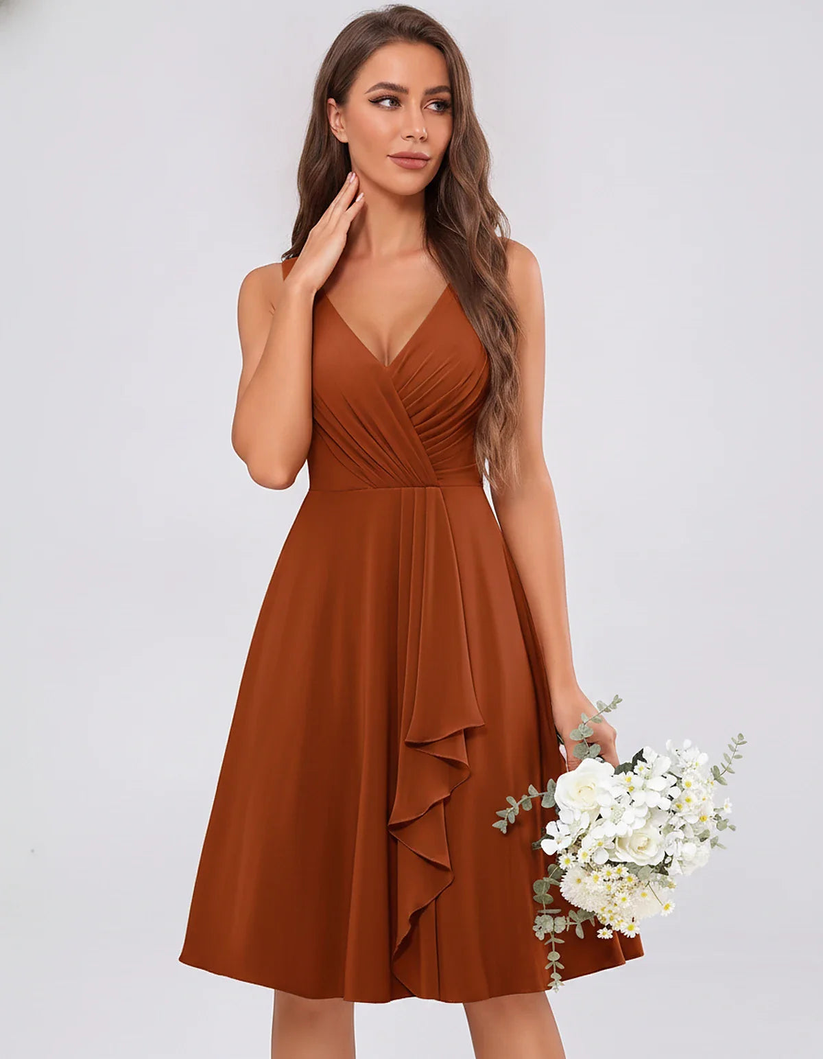 Chiffon Sleeveless V-Neck Pleated Ruffle A-Line Mini Dress for Party Cocktail Evening Summer Wedding Guest Bridesmaid Style, | SKU: MD-482917563204857-BURNTORANGE-L,MD-482917563204857-BURNTORANGE-M,MD-482917563204857-BURNTORANGE-S,MD-482917563204857-BURNTORANGE-XL,MD-482917563204857-BURNTORANGE-XS
