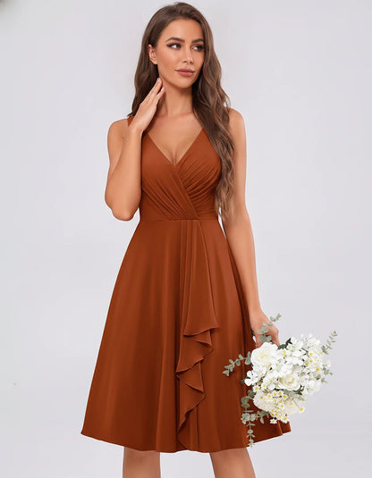 Chiffon Sleeveless V-Neck Pleated Ruffle A-Line Mini Dress for Party Cocktail Evening Summer Wedding Guest Bridesmaid Style, | SKU: MD-482917563204857-BURNTORANGE-L,MD-482917563204857-BURNTORANGE-M,MD-482917563204857-BURNTORANGE-S,MD-482917563204857-BURNTORANGE-XL,MD-482917563204857-BURNTORANGE-XS