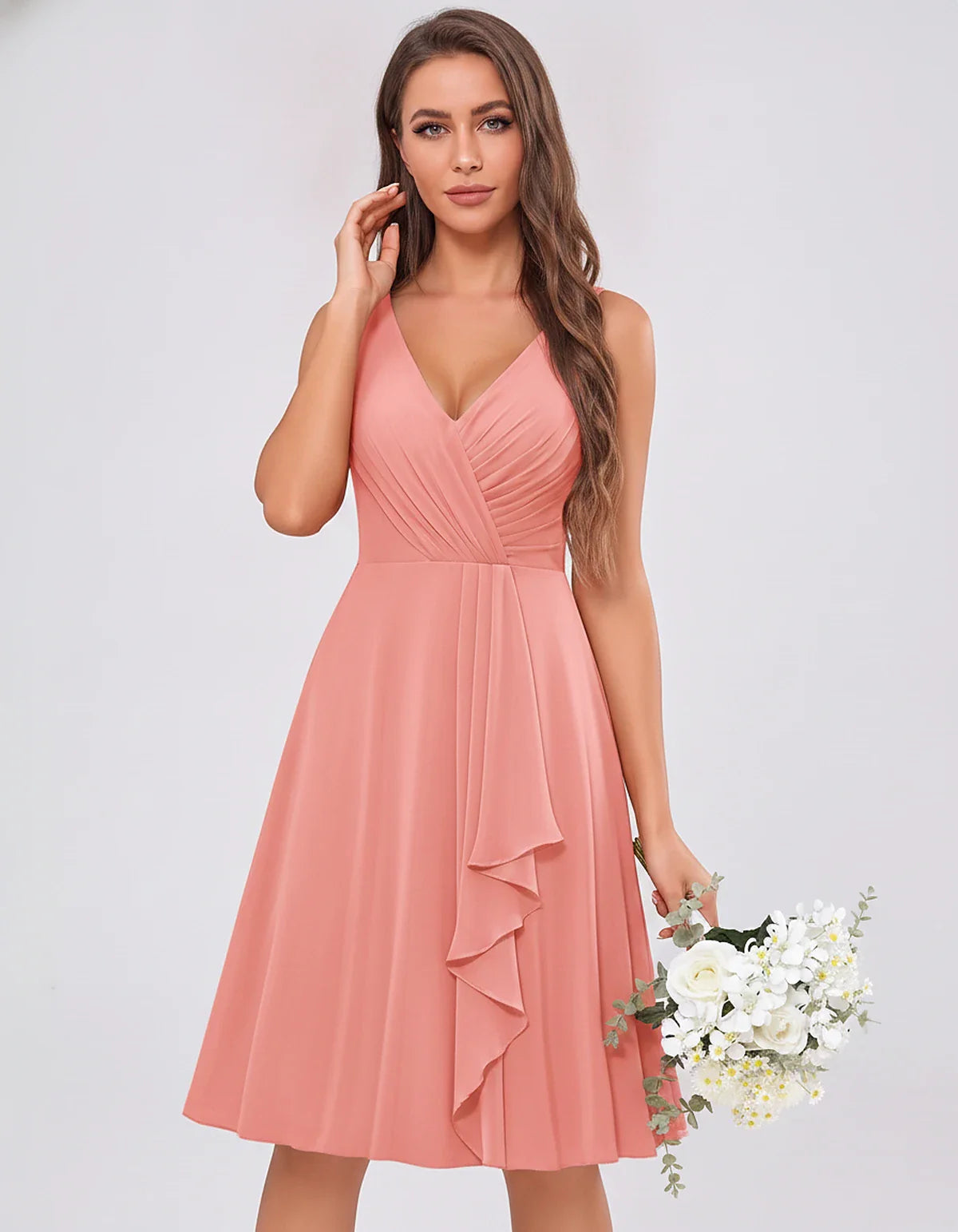 Chiffon Sleeveless V-Neck Pleated Ruffle A-Line Mini Dress for Party Cocktail Evening Summer Wedding Guest Bridesmaid Style, | SKU: MD-482917563204857-CORAL-L,MD-482917563204857-CORAL-M,MD-482917563204857-CORAL-S,MD-482917563204857-CORAL-XL,MD-482917563204857-CORAL-XS