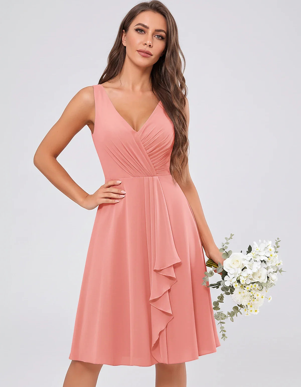 Chiffon Sleeveless V-Neck Pleated Ruffle A-Line Mini Dress for Party Cocktail Evening Summer Wedding Guest Bridesmaid Style, | SKU: MD-482917563204857-CORAL-L,MD-482917563204857-CORAL-M,MD-482917563204857-CORAL-S,MD-482917563204857-CORAL-XL,MD-482917563204857-CORAL-XS