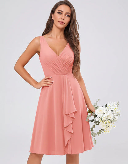 Chiffon Sleeveless V-Neck Pleated Ruffle A-Line Mini Dress for Party Cocktail Evening Summer Wedding Guest Bridesmaid Style, | SKU: MD-482917563204857-CORAL-L,MD-482917563204857-CORAL-M,MD-482917563204857-CORAL-S,MD-482917563204857-CORAL-XL,MD-482917563204857-CORAL-XS