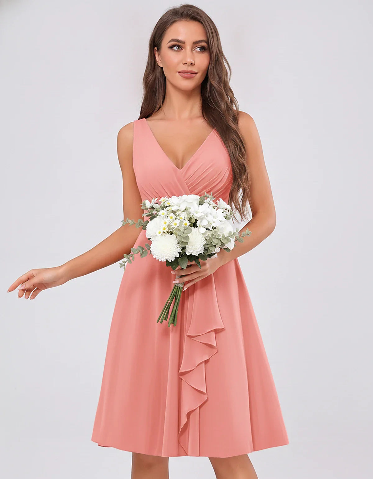 Chiffon Sleeveless V-Neck Pleated Ruffle A-Line Mini Dress for Party Cocktail Evening Summer Wedding Guest Bridesmaid Style, | SKU: MD-482917563204857-CORAL-L,MD-482917563204857-CORAL-M,MD-482917563204857-CORAL-S,MD-482917563204857-CORAL-XL,MD-482917563204857-CORAL-XS
