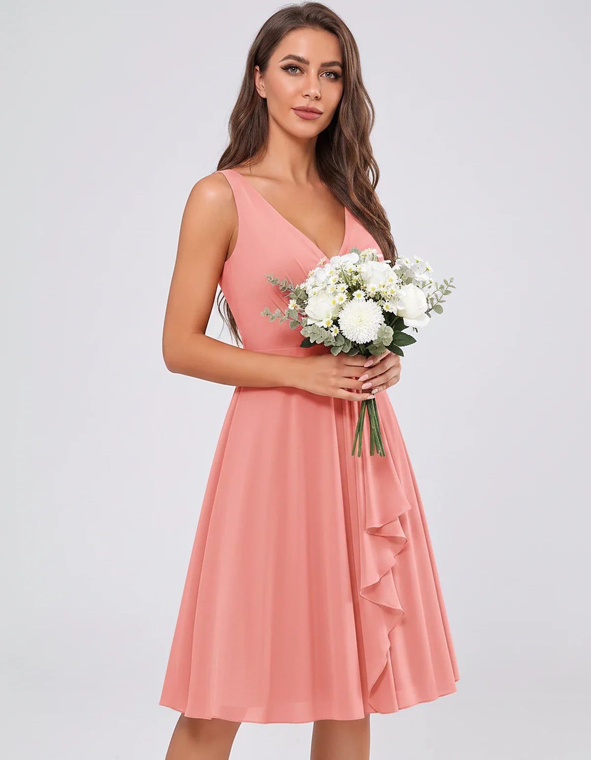 Chiffon Sleeveless V-Neck Pleated Ruffle A-Line Mini Dress for Party Cocktail Evening Summer Wedding Guest Bridesmaid Style, | SKU: MD-482917563204857-CORAL-L,MD-482917563204857-CORAL-M,MD-482917563204857-CORAL-S,MD-482917563204857-CORAL-XL,MD-482917563204857-CORAL-XS