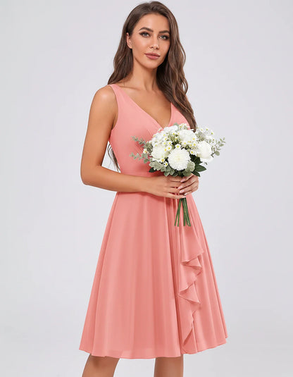 Chiffon Sleeveless V-Neck Pleated Ruffle A-Line Mini Dress for Party Cocktail Evening Summer Wedding Guest Bridesmaid Style, | SKU: MD-482917563204857-CORAL-L,MD-482917563204857-CORAL-M,MD-482917563204857-CORAL-S,MD-482917563204857-CORAL-XL,MD-482917563204857-CORAL-XS