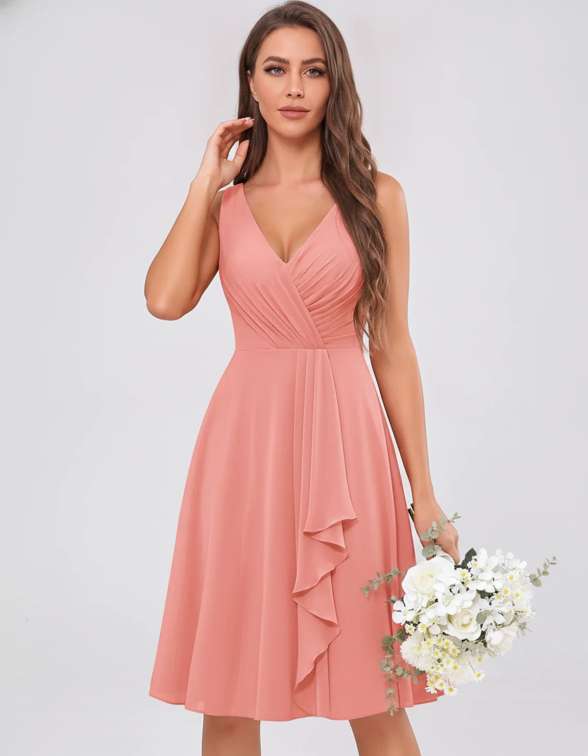 Chiffon Sleeveless V-Neck Pleated Ruffle A-Line Mini Dress for Party Cocktail Evening Summer Wedding Guest Bridesmaid Style, | SKU: MD-482917563204857-CORAL-L,MD-482917563204857-CORAL-M,MD-482917563204857-CORAL-S,MD-482917563204857-CORAL-XL,MD-482917563204857-CORAL-XS