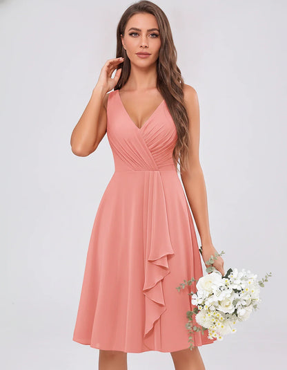 Chiffon Sleeveless V-Neck Pleated Ruffle A-Line Mini Dress for Party Cocktail Evening Summer Wedding Guest Bridesmaid Style, | SKU: MD-482917563204857-CORAL-L,MD-482917563204857-CORAL-M,MD-482917563204857-CORAL-S,MD-482917563204857-CORAL-XL,MD-482917563204857-CORAL-XS