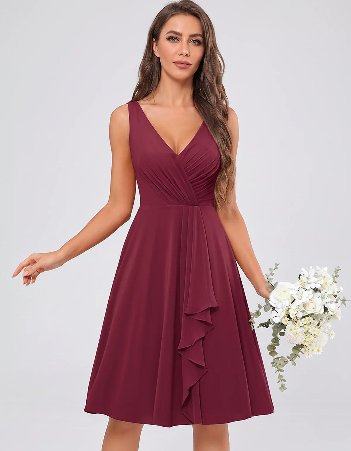 Chiffon Sleeveless V-Neck Pleated Ruffle A-Line Mini Dress for Party Cocktail Evening Summer Wedding Guest Bridesmaid Style, | SKU: MD-482917563204857-PLUM-L,MD-482917563204857-PLUM-M,MD-482917563204857-PLUM-S,MD-482917563204857-PLUM-XL,MD-482917563204857-PLUM-XS