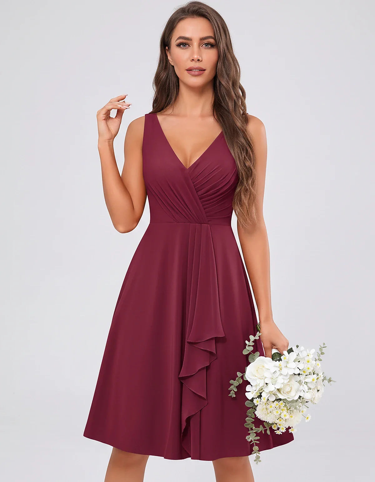 Chiffon Sleeveless V-Neck Pleated Ruffle A-Line Mini Dress for Party Cocktail Evening Summer Wedding Guest Bridesmaid Style, | SKU: MD-482917563204857-PLUM-L,MD-482917563204857-PLUM-M,MD-482917563204857-PLUM-S,MD-482917563204857-PLUM-XL,MD-482917563204857-PLUM-XS