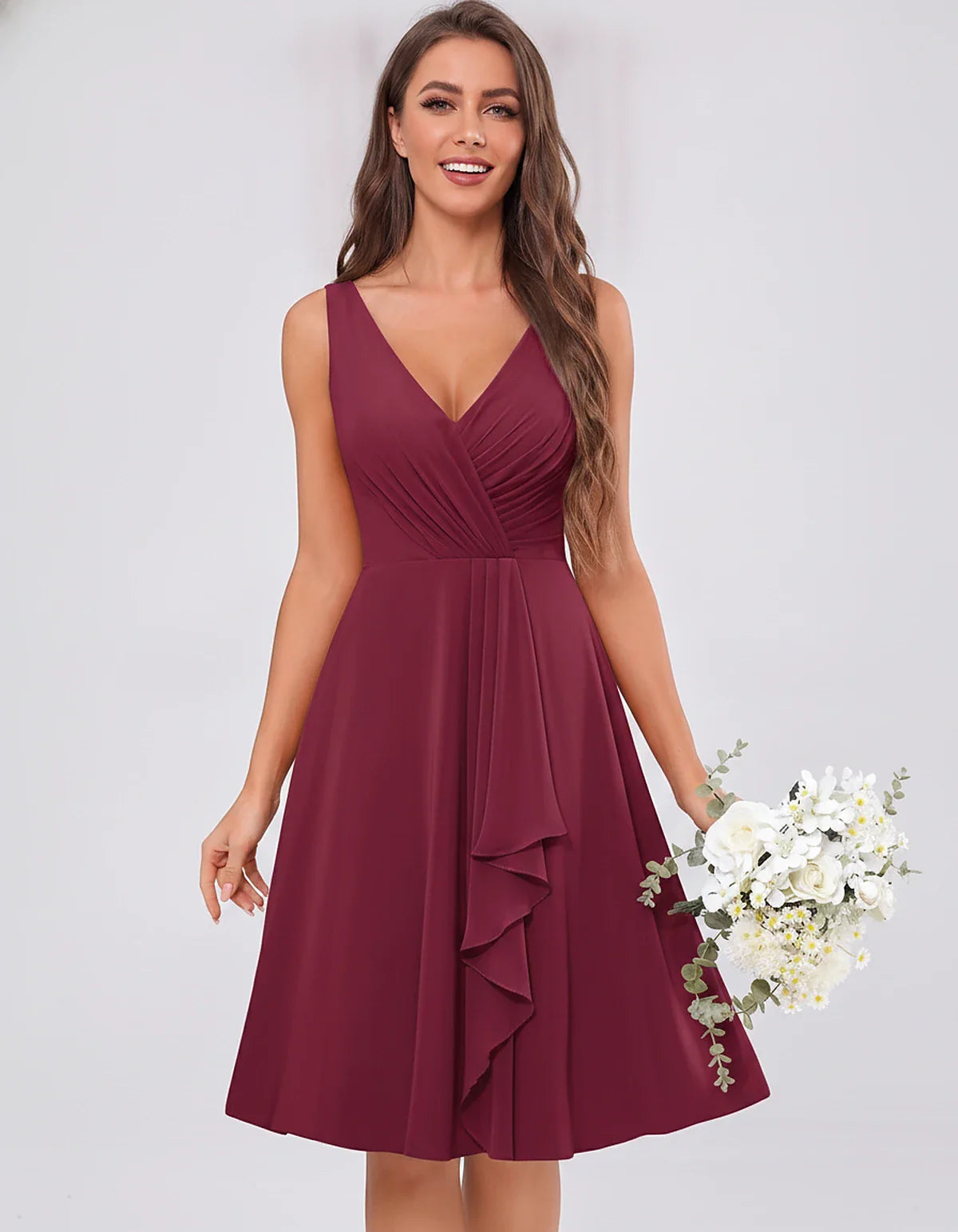 Chiffon Sleeveless V-Neck Pleated Ruffle A-Line Mini Dress for Party Cocktail Evening Summer Wedding Guest Bridesmaid Style, | SKU: MD-482917563204857-PLUM-L,MD-482917563204857-PLUM-M,MD-482917563204857-PLUM-S,MD-482917563204857-PLUM-XL,MD-482917563204857-PLUM-XS