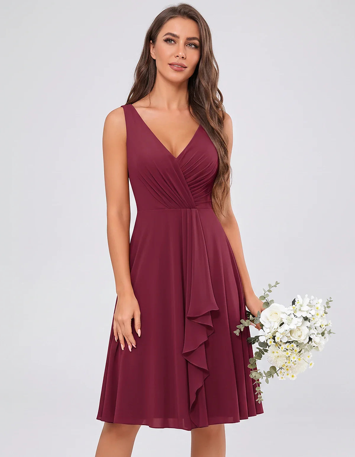 Chiffon Sleeveless V-Neck Pleated Ruffle A-Line Mini Dress for Party Cocktail Evening Summer Wedding Guest Bridesmaid Style, | SKU: MD-482917563204857-PLUM-L,MD-482917563204857-PLUM-M,MD-482917563204857-PLUM-S,MD-482917563204857-PLUM-XL,MD-482917563204857-PLUM-XS