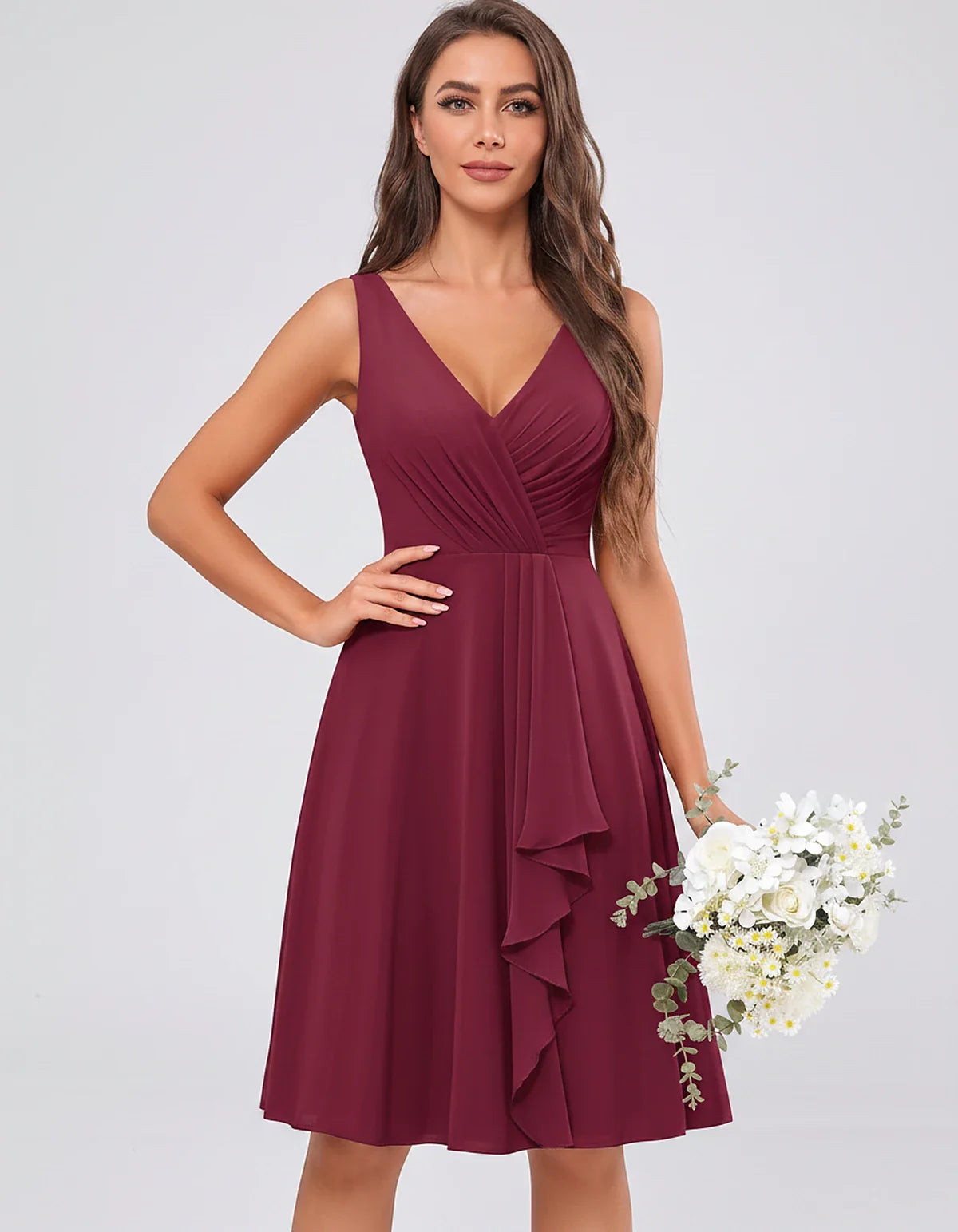Chiffon Sleeveless V-Neck Pleated Ruffle A-Line Mini Dress for Party Cocktail Evening Summer Wedding Guest Bridesmaid Style, | SKU: MD-482917563204857-PLUM-L,MD-482917563204857-PLUM-M,MD-482917563204857-PLUM-S,MD-482917563204857-PLUM-XL,MD-482917563204857-PLUM-XS