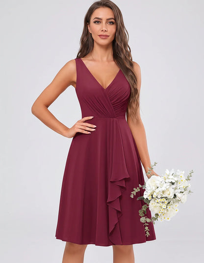 Chiffon Sleeveless V-Neck Pleated Ruffle A-Line Mini Dress for Party Cocktail Evening Summer Wedding Guest Bridesmaid Style, | SKU: MD-482917563204857-PLUM-L,MD-482917563204857-PLUM-M,MD-482917563204857-PLUM-S,MD-482917563204857-PLUM-XL,MD-482917563204857-PLUM-XS