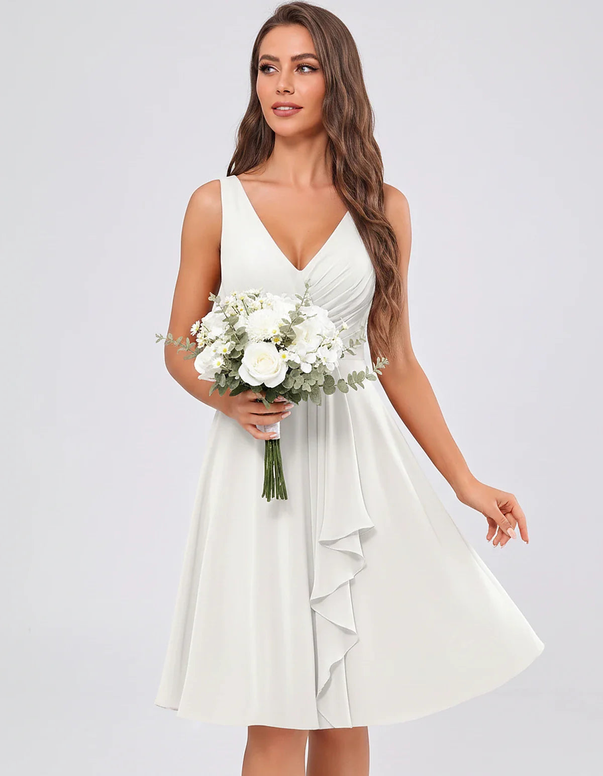 Chiffon Sleeveless V-Neck Pleated Ruffle A-Line Mini Dress for Party Cocktail Evening Summer Wedding Guest Bridesmaid Style, | SKU: MD-482917563204857-IVORY-L,MD-482917563204857-IVORY-M,MD-482917563204857-IVORY-S,MD-482917563204857-IVORY-XL,MD-482917563204857-IVORY-XS