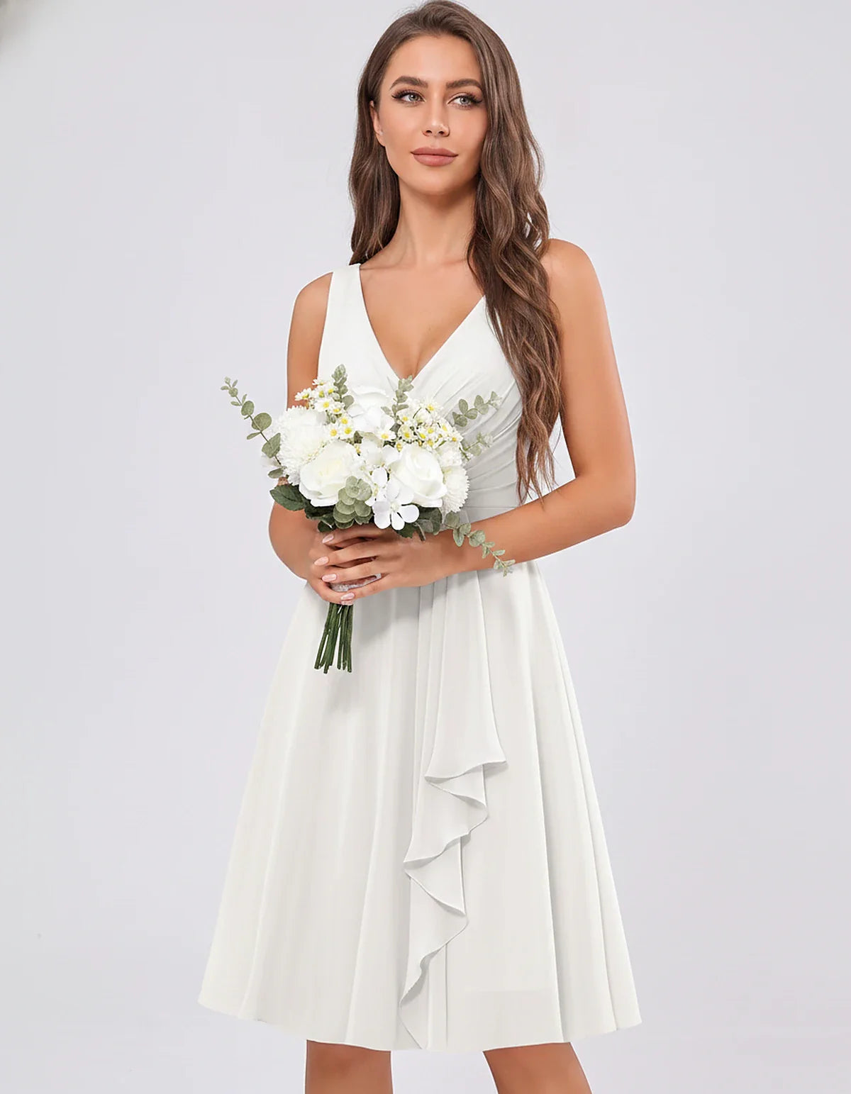 Chiffon Sleeveless V-Neck Pleated Ruffle A-Line Mini Dress for Party Cocktail Evening Summer Wedding Guest Bridesmaid Style, | SKU: MD-482917563204857-IVORY-L,MD-482917563204857-IVORY-M,MD-482917563204857-IVORY-S,MD-482917563204857-IVORY-XL,MD-482917563204857-IVORY-XS