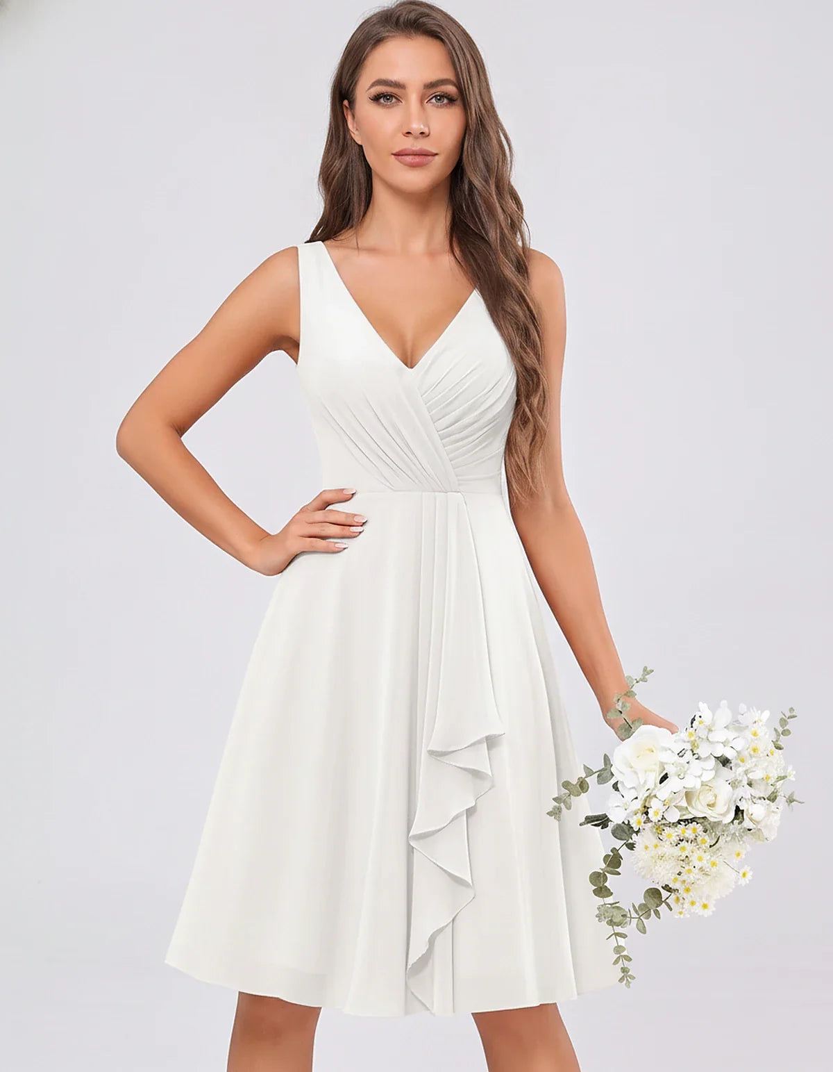 Chiffon Sleeveless V-Neck Pleated Ruffle A-Line Mini Dress for Party Cocktail Evening Summer Wedding Guest Bridesmaid Style, | SKU: MD-482917563204857-IVORY-L,MD-482917563204857-IVORY-M,MD-482917563204857-IVORY-S,MD-482917563204857-IVORY-XL,MD-482917563204857-IVORY-XS