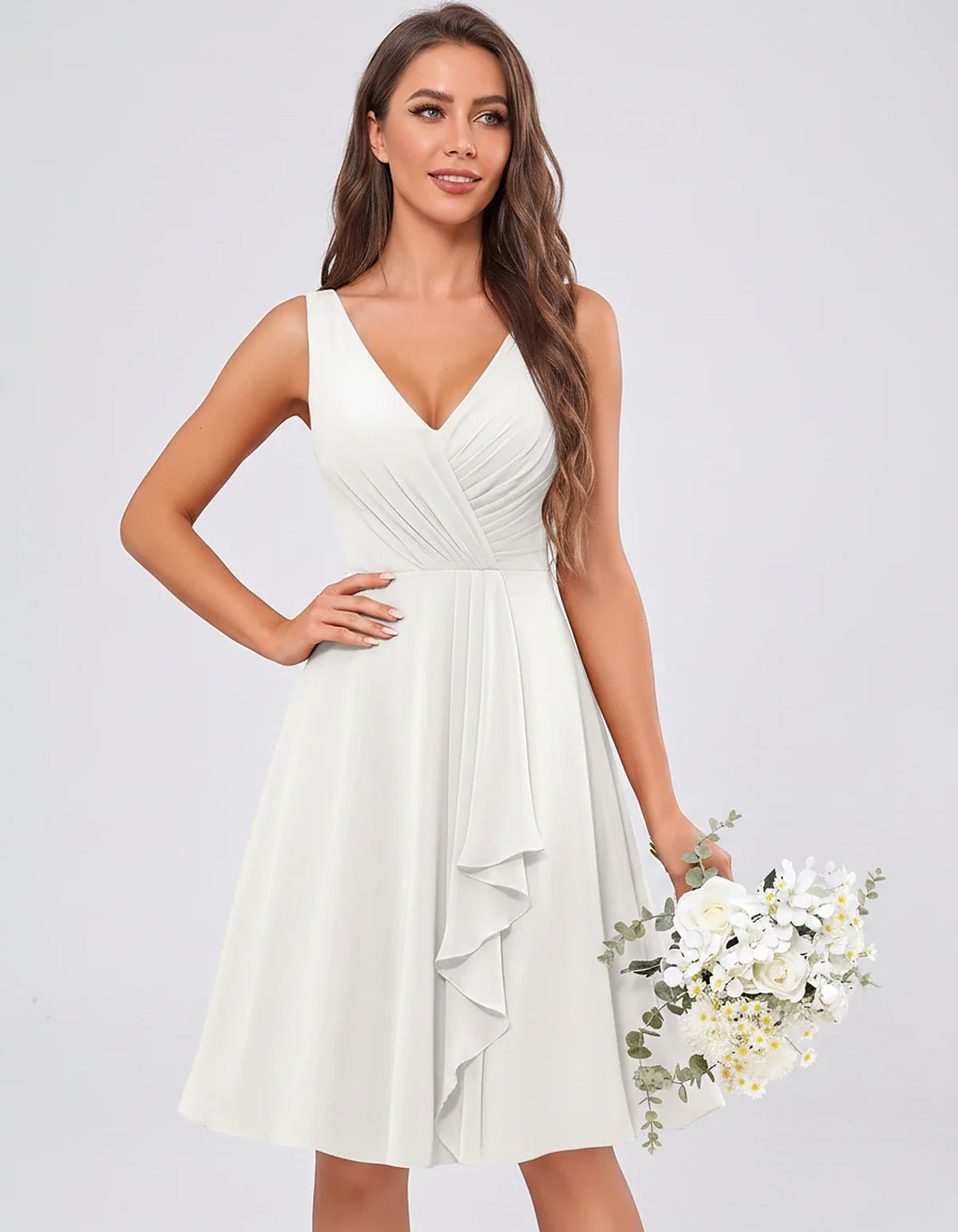 Chiffon Sleeveless V-Neck Pleated Ruffle A-Line Mini Dress for Party Cocktail Evening Summer Wedding Guest Bridesmaid Style, | SKU: MD-482917563204857-IVORY-L,MD-482917563204857-IVORY-M,MD-482917563204857-IVORY-S,MD-482917563204857-IVORY-XL,MD-482917563204857-IVORY-XS