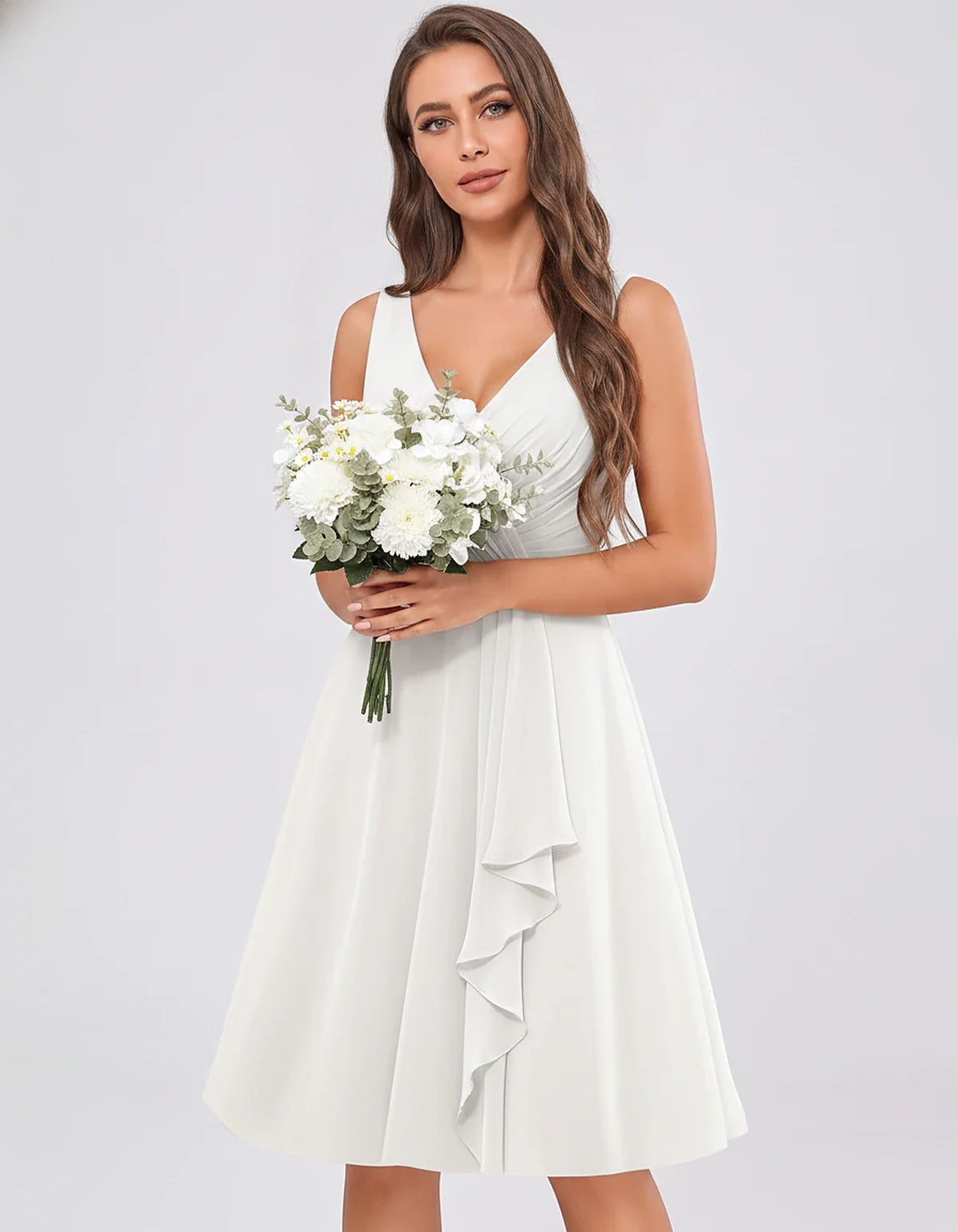 Chiffon Sleeveless V-Neck Pleated Ruffle A-Line Mini Dress for Party Cocktail Evening Summer Wedding Guest Bridesmaid Style, | SKU: MD-482917563204857-IVORY-L,MD-482917563204857-IVORY-M,MD-482917563204857-IVORY-S,MD-482917563204857-IVORY-XL,MD-482917563204857-IVORY-XS
