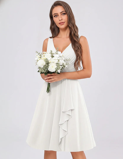 Chiffon Sleeveless V-Neck Pleated Ruffle A-Line Mini Dress for Party Cocktail Evening Summer Wedding Guest Bridesmaid Style, | SKU: MD-482917563204857-IVORY-L,MD-482917563204857-IVORY-M,MD-482917563204857-IVORY-S,MD-482917563204857-IVORY-XL,MD-482917563204857-IVORY-XS