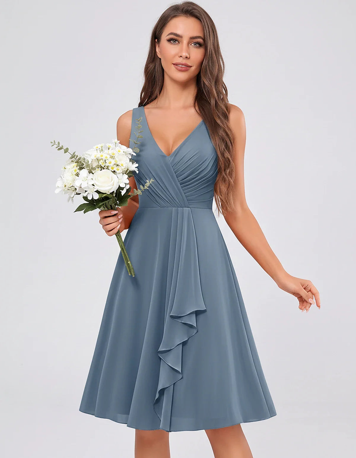 Chiffon Sleeveless V-Neck Pleated Ruffle A-Line Mini Dress for Party Cocktail Evening Summer Wedding Guest Bridesmaid Style, | SKU: MD-482917563204857-DUSTYBLUE-L,MD-482917563204857-DUSTYBLUE-M,MD-482917563204857-DUSTYBLUE-S,MD-482917563204857-DUSTYBLUE-XL,MD-482917563204857-DUSTYBLUE-XS