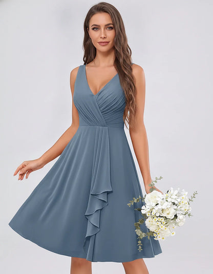 Chiffon Sleeveless V-Neck Pleated Ruffle A-Line Mini Dress for Party Cocktail Evening Summer Wedding Guest Bridesmaid Style, | SKU: MD-482917563204857-DUSTYBLUE-L,MD-482917563204857-DUSTYBLUE-M,MD-482917563204857-DUSTYBLUE-S,MD-482917563204857-DUSTYBLUE-XL,MD-482917563204857-DUSTYBLUE-XS