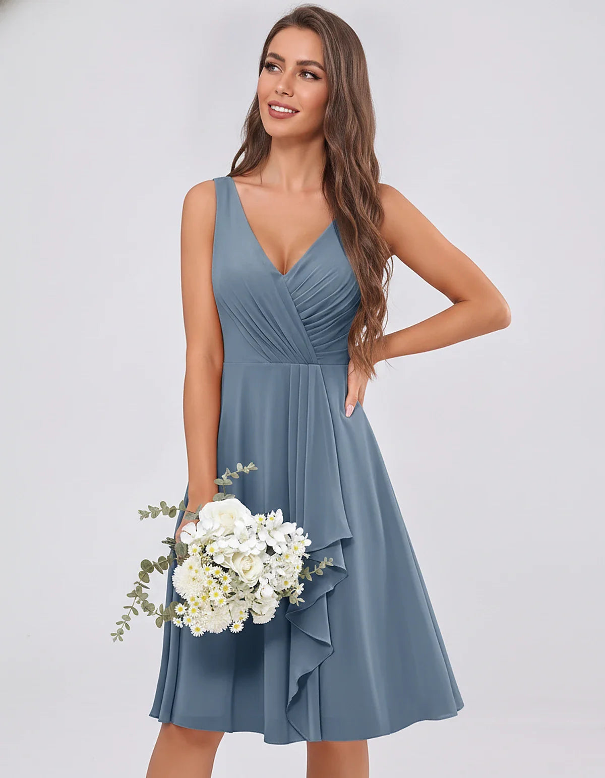 Chiffon Sleeveless V-Neck Pleated Ruffle A-Line Mini Dress for Party Cocktail Evening Summer Wedding Guest Bridesmaid Style, | SKU: MD-482917563204857-DUSTYBLUE-L,MD-482917563204857-DUSTYBLUE-M,MD-482917563204857-DUSTYBLUE-S,MD-482917563204857-DUSTYBLUE-XL,MD-482917563204857-DUSTYBLUE-XS