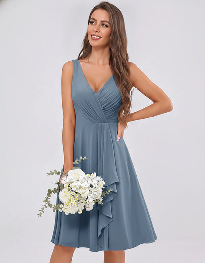 Chiffon Sleeveless V-Neck Pleated Ruffle A-Line Mini Dress for Party Cocktail Evening Summer Wedding Guest Bridesmaid Style, | SKU: MD-482917563204857-DUSTYBLUE-L,MD-482917563204857-DUSTYBLUE-M,MD-482917563204857-DUSTYBLUE-S,MD-482917563204857-DUSTYBLUE-XL,MD-482917563204857-DUSTYBLUE-XS