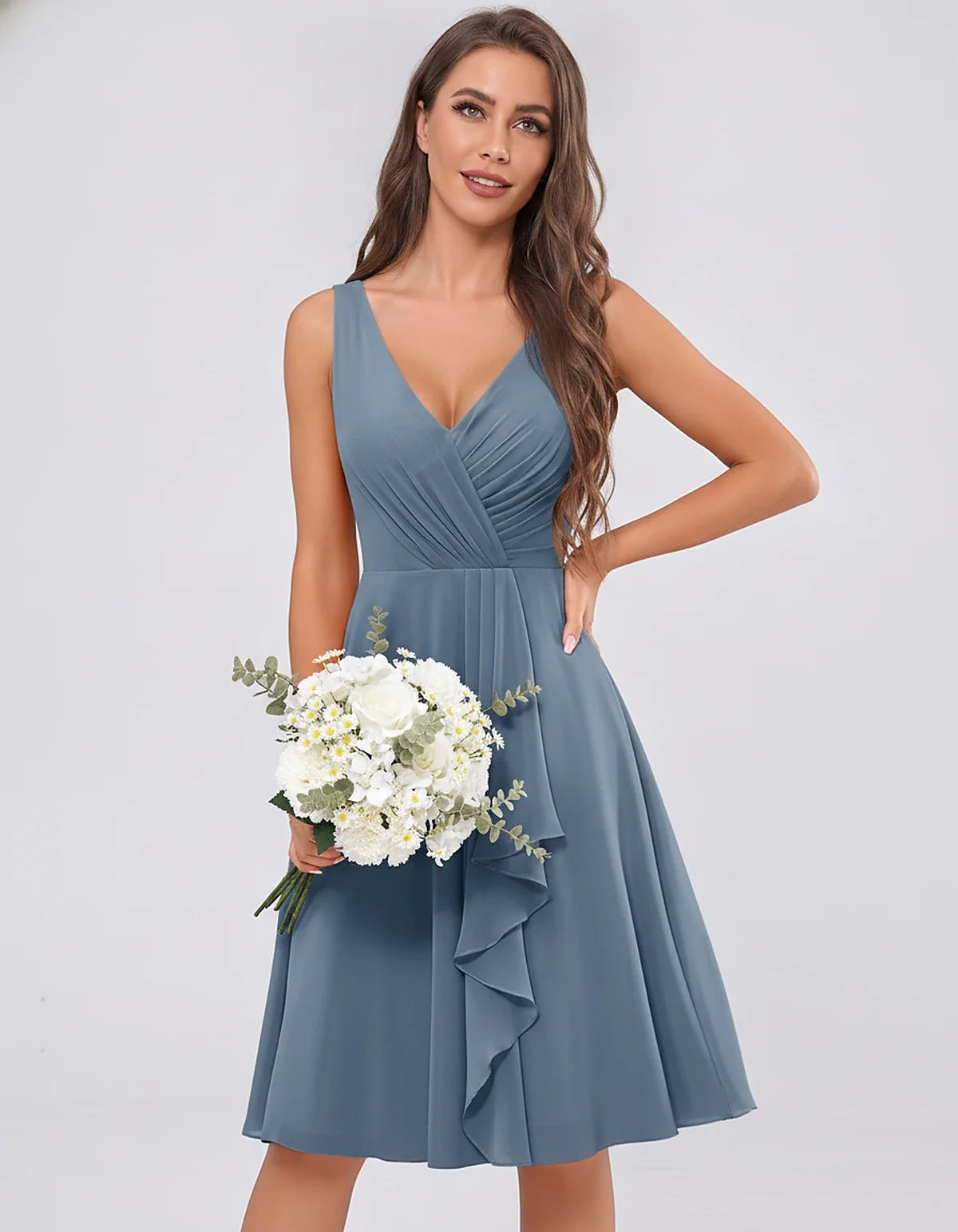 Chiffon Sleeveless V-Neck Pleated Ruffle A-Line Mini Dress for Party Cocktail Evening Summer Wedding Guest Bridesmaid Style, | SKU: MD-482917563204857-DUSTYBLUE-L,MD-482917563204857-DUSTYBLUE-M,MD-482917563204857-DUSTYBLUE-S,MD-482917563204857-DUSTYBLUE-XL,MD-482917563204857-DUSTYBLUE-XS