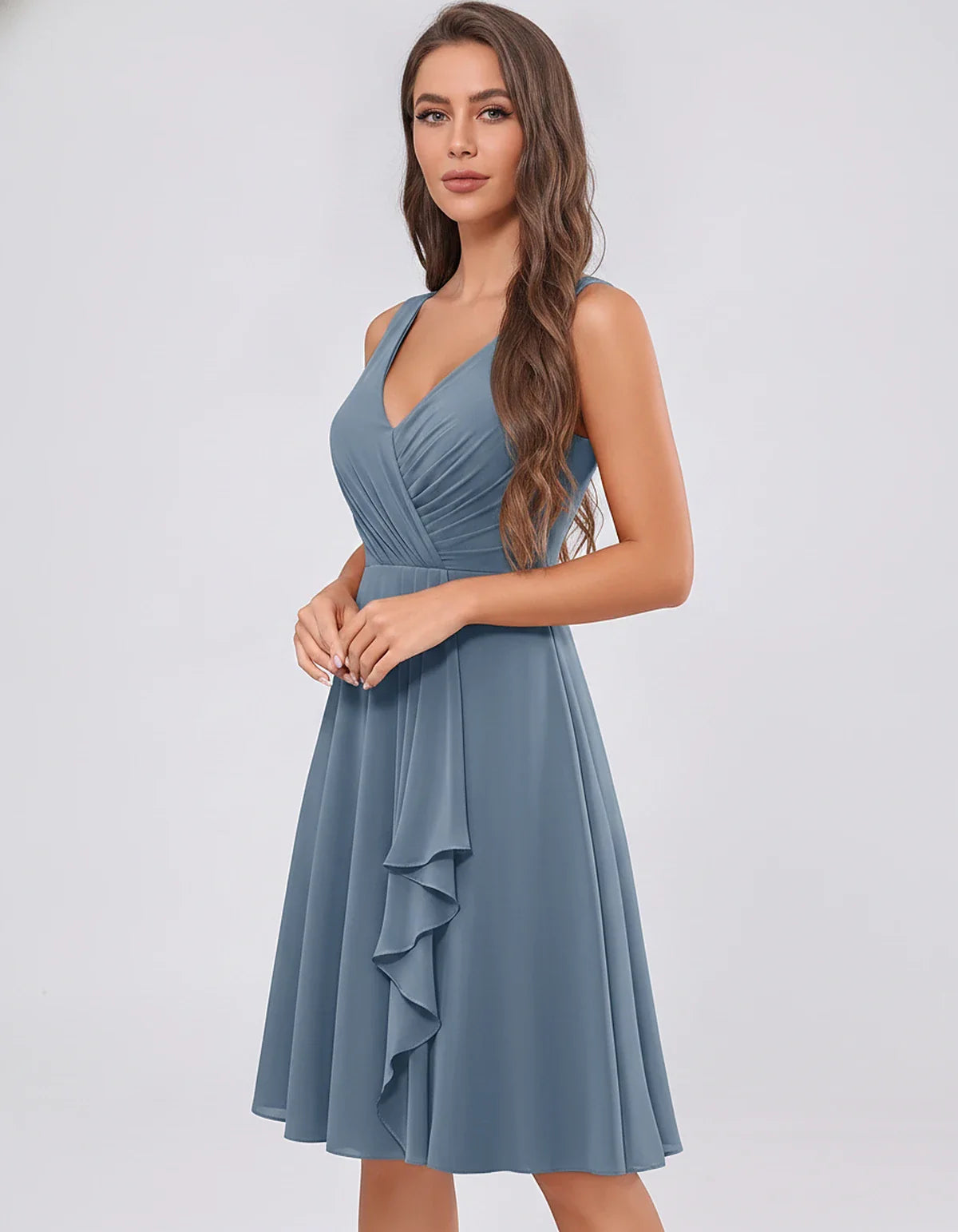 Chiffon Sleeveless V-Neck Pleated Ruffle A-Line Mini Dress for Party Cocktail Evening Summer Wedding Guest Bridesmaid Style, | SKU: MD-482917563204857-DUSTYBLUE-L,MD-482917563204857-DUSTYBLUE-M,MD-482917563204857-DUSTYBLUE-S,MD-482917563204857-DUSTYBLUE-XL,MD-482917563204857-DUSTYBLUE-XS